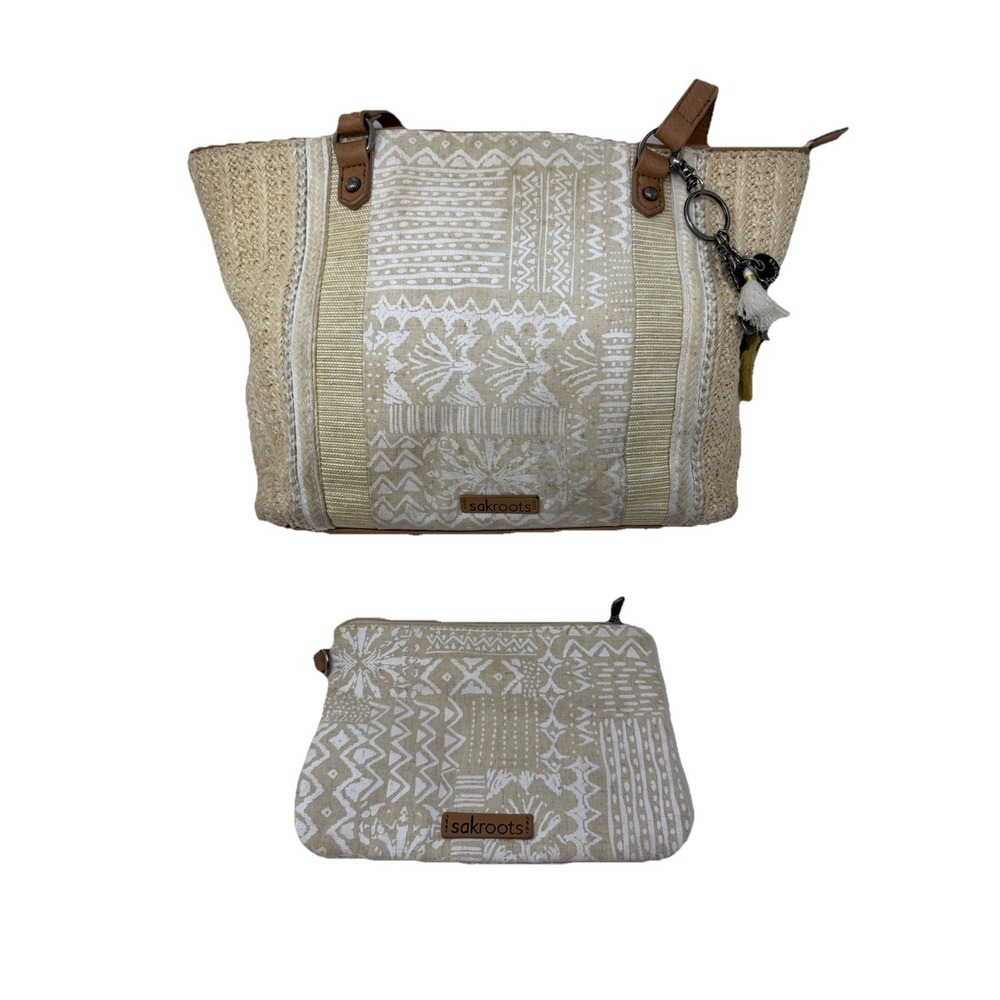 Sakroots Meadow Straw Bohemian Tote Cream Handbag